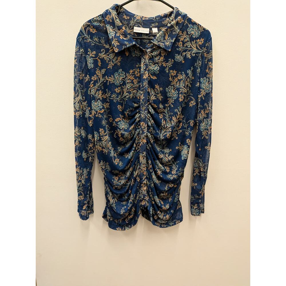 Susan Graver Women’s Floral Mesh Ruched Tunic Top XL Blue Gold Long Sleeve